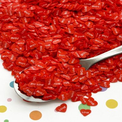 Small Red Conversation Heart Polymer Clay Slices, Valentine Fake Candy Heart Mix, Miniature Love Hearts for Nail Art, Faux Sprinkle Embellishments (Container)