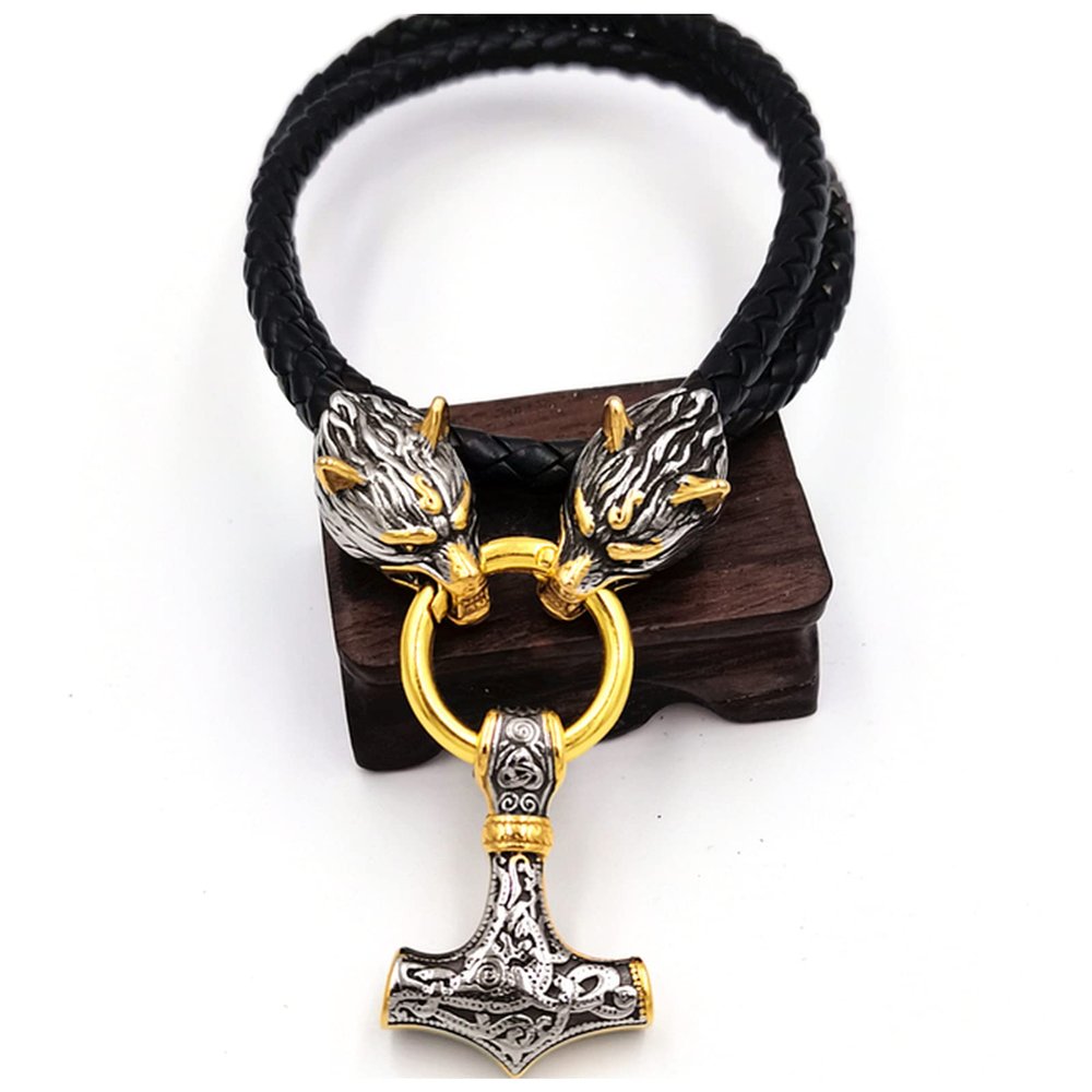 Stainless Steel Wolf Head Leather Chain Thor's Hammer Pendant Men's Necklace(Style 3 Gold,80cm)