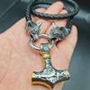 Stainless Steel Wolf Head Leather Chain Thor's Hammer Pendant Men's Necklace(Style 3 Gold,80cm) view 3