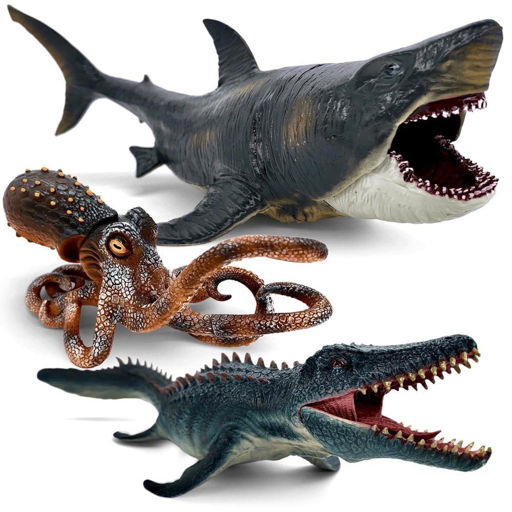 Movable Jaw Ocean Animal Set - 13" Mosasaurus, 10.6" Megalodon Shark & 7.8" Octopus Realistic Action Figure Toys for Kids & Collectors (3 PCS)