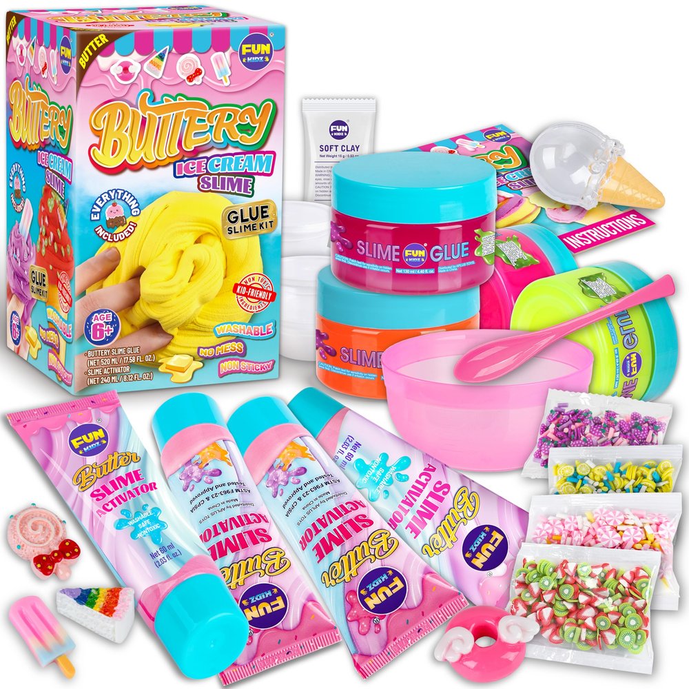 1:1 Buttery Glue Slime Kit for Kids Ages 8-12, FunKidz Ice Cream Slime Making Kits for Girls Toys Includes 19 Pieces Supplies to Make Butter Slime Activity Party Gifts