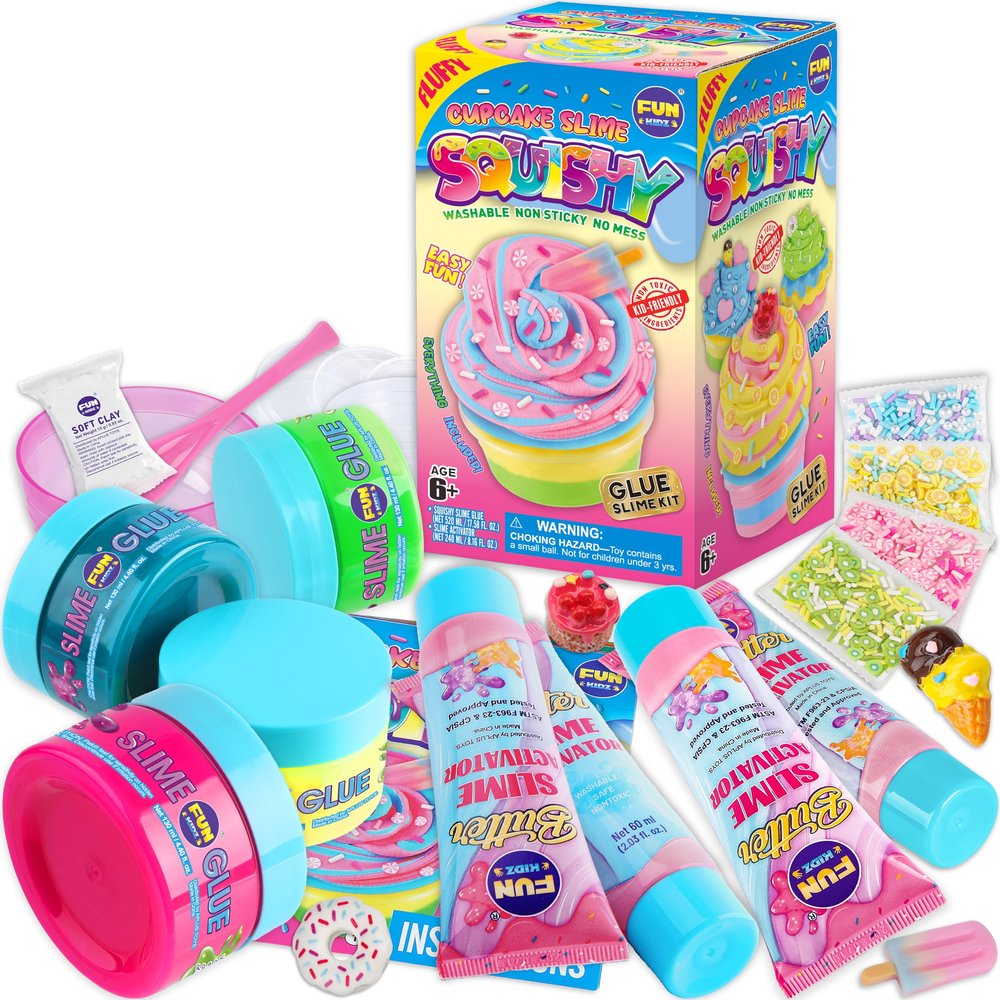 1:1 Squishy Cupcake Glue Slime Kit for Girls Ages 8-12, FunKidz Fluffy Slime Making Kits 23 Pieces Supplies to Make Sweet Butter Soft Slime Gifts for Kids Party Creative Toys