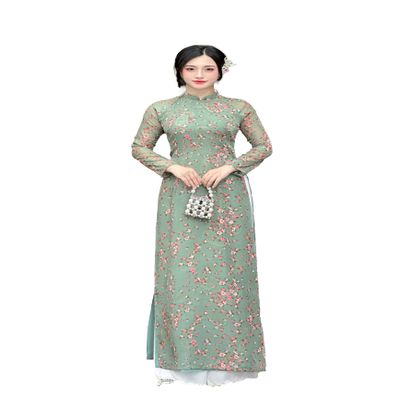 A15 Dark Green Mini Floral Chiffon Ao Dai - No Pants | Vietnamese Traditional Dress | Vietnamese Dress For Women (L)