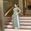 A15 Dark Green Mini Floral Chiffon Ao Dai - No Pants | Vietnamese Traditional Dress | Vietnamese Dress For Women (L) view 4