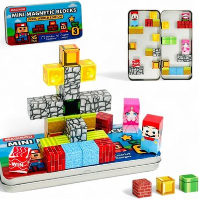35PCS Pixel World Edition Mini Magnetic Blocks  Creative 3D Building Cubes, STEM Educational Travel Magnet Toy with Iron Box, Safe Learning Gift for Kids Ages 38, Boys & Girls