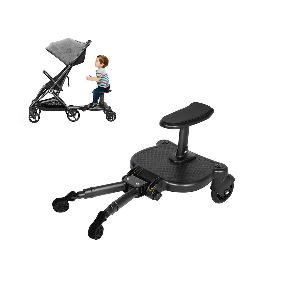 2-in-1 Stroller Board with Removable Seat | Universal Fit for 55lbs Kids 3-7Y | 360 PU Wheels & Adjustable Height/Length | Standing/Sitting Toddler Rider Accessory