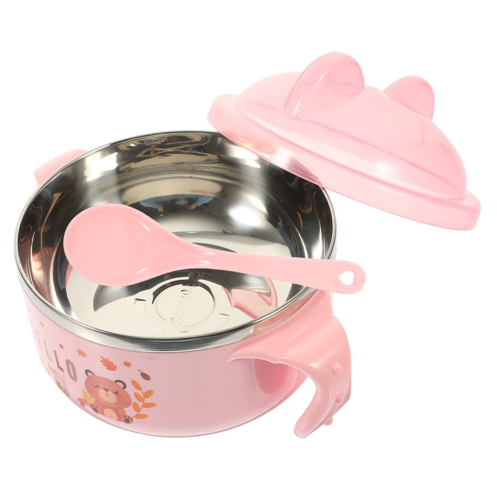 OUNONA Double Handle Boy Girl Bowl Stainless Steel Food Bowl for Boys and Girls Cartoon Design Dinnerware