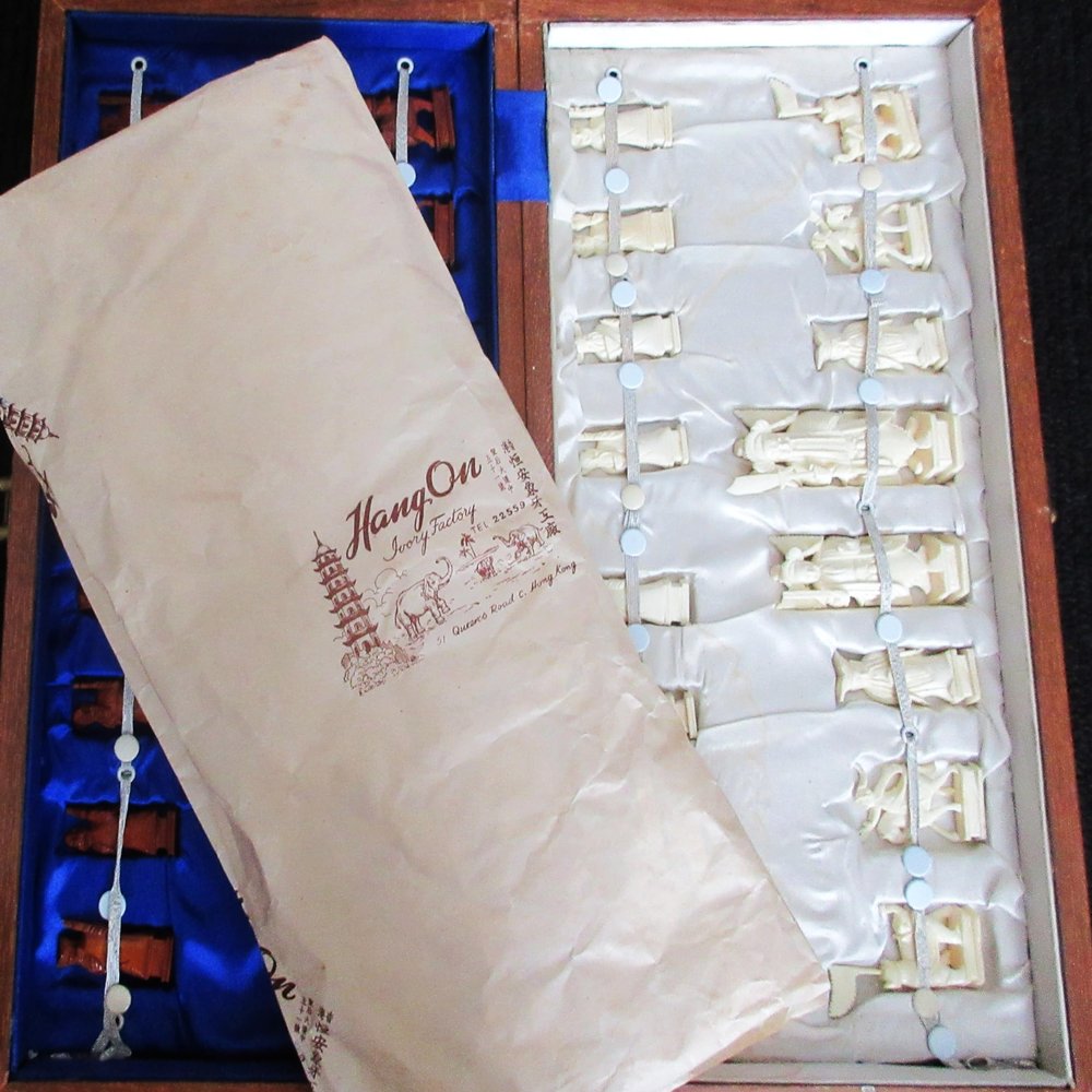32 Piece Hang On Ivory Chess Set NOS Made in Hong Kong MFG 1960s Before Ivory Ban
