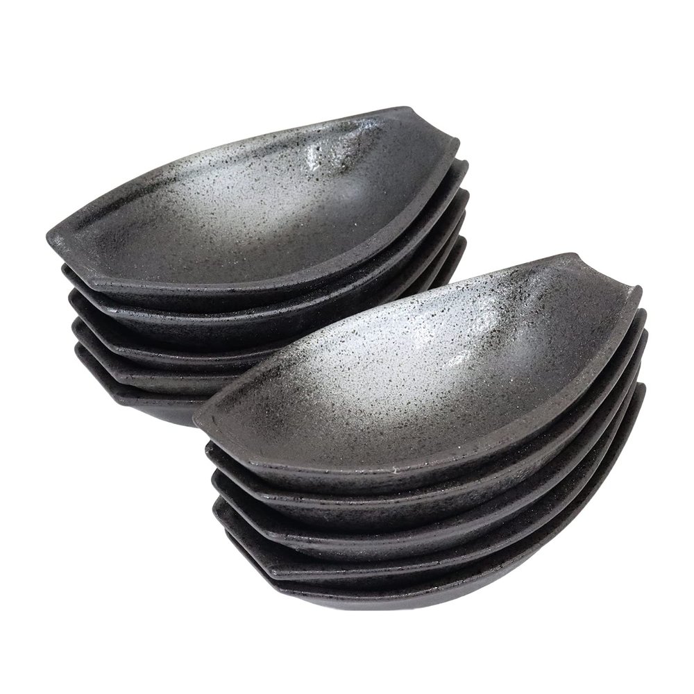 (Castle Enterprise) Mino Ware Japanese Cafe Series Double-Cut Small Boat, Black Diamond Blowing, Set of 10 (Size: H 2.0 x W 7.4 x D 4.5 inches (5 x 18.8 x 11.5 cm)