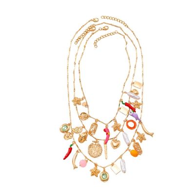 Bohemian Handmade Imitation Pearl Multi-Layer Flower Starfish Beach Necklace,golden,61+5.3cm