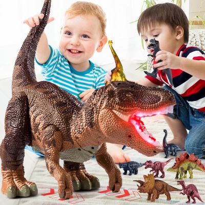 BLmukce 24" Large Dinosaur Toys for Kids 3-5, Big Dinosaur Tyrannosaurus rex Figure Toy with 10+ Dinosaurs Belly Storage, Gliding Wheels, Lights Sounds & Mist Spray  T-Rex that eats Toy for Boys Gift