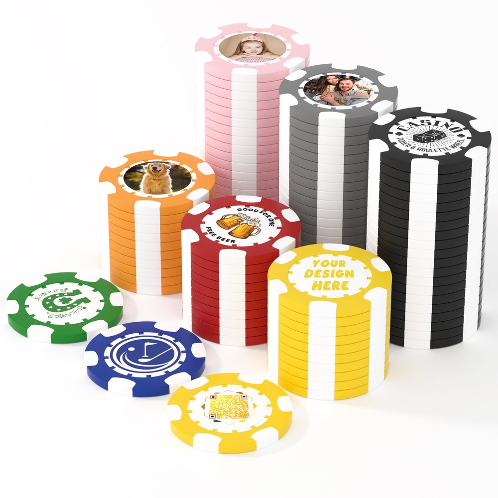 25 Custom Clay Poker Chips, 40mm Heavy 11.5g Casino Sized Personalized Poker Chips with Your Logo, Image or Text, Custom Drink Tokens for Bar, Party, Tournaments, Golf Club or Events (Yellow)