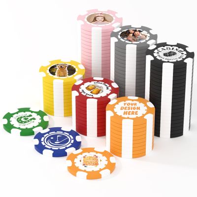 25 Custom Clay Poker Chips, 40mm Heavy 11.5g Casino Sized Personalized Poker Chips with Your Logo, Image or Text, Custom Drink Tokens for Bar, Party, Tournaments, Golf Club or Events (Orange)