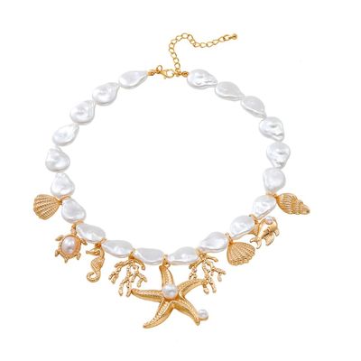 42+8.5cm Shell Seahorse Starfish Alloy Imitation Pearl Necklace Multi-Layer Conch,white,42+8.5cm