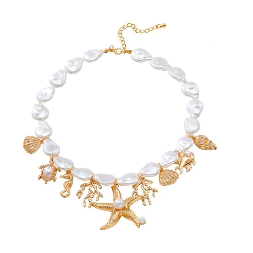 42+8.5cm Shell Seahorse Starfish Alloy Imitation Pearl Necklace Multi-Layer Conch,white,42+8.5cm