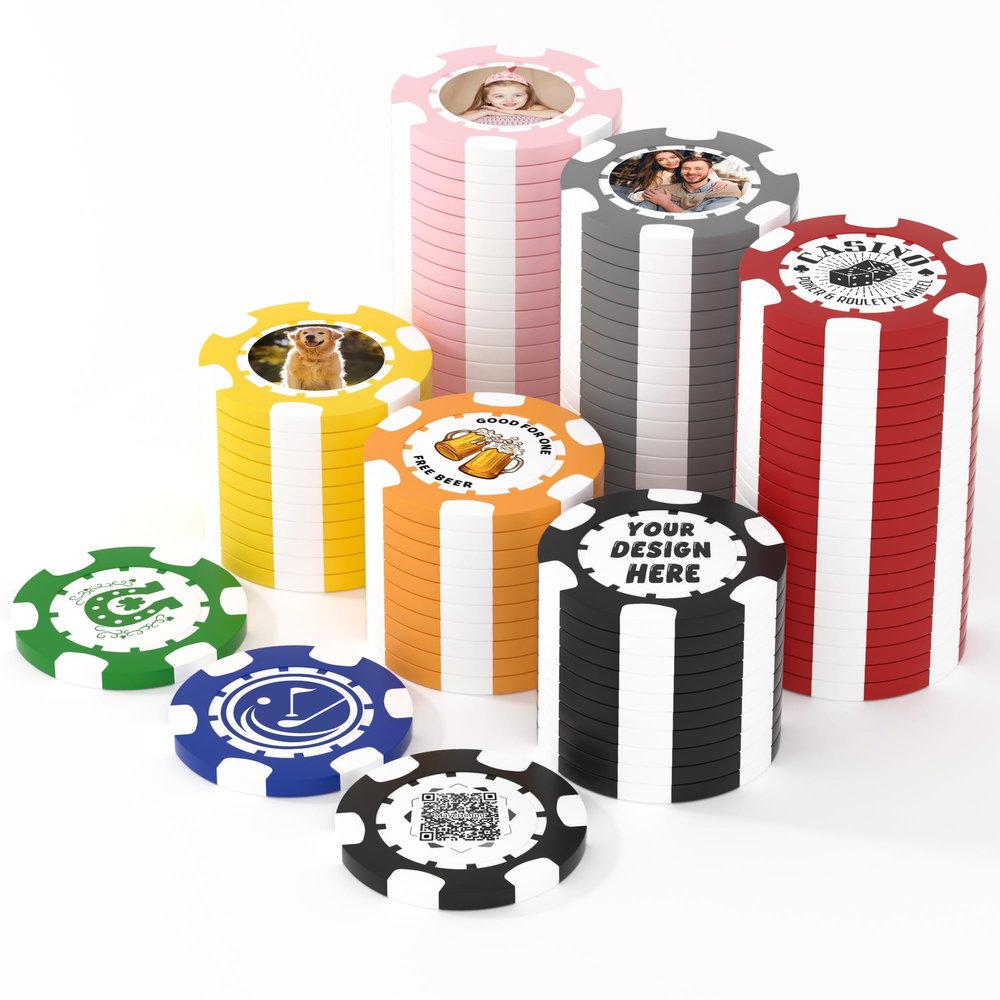 25 Custom Clay Poker Chips, 40mm Heavy 11.5g Casino Sized Personalized Poker Chips with Your Logo, Image or Text, Custom Drink Tokens for Bar, Party, Tournaments, Golf Club or Events (Black)