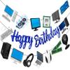 3pcs Computer Birthday Party Decorations Blue Happy Birthday Party Banner Intelligence Theme Garland Decorations for Computer Themed Party Baby Shower Supplies view 1