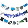 3pcs Computer Birthday Party Decorations Blue Happy Birthday Party Banner Intelligence Theme Garland Decorations for Computer Themed Party Baby Shower Supplies view 2