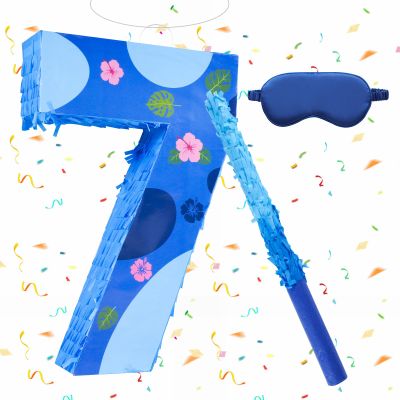 16 Inch Blue Pinata Set with Hawaii Pattern Number 7 Piata, Blindfold and Stick for Boys Girls 7th Birthday Party Decorations (7-Hawaii Pattern Piata)