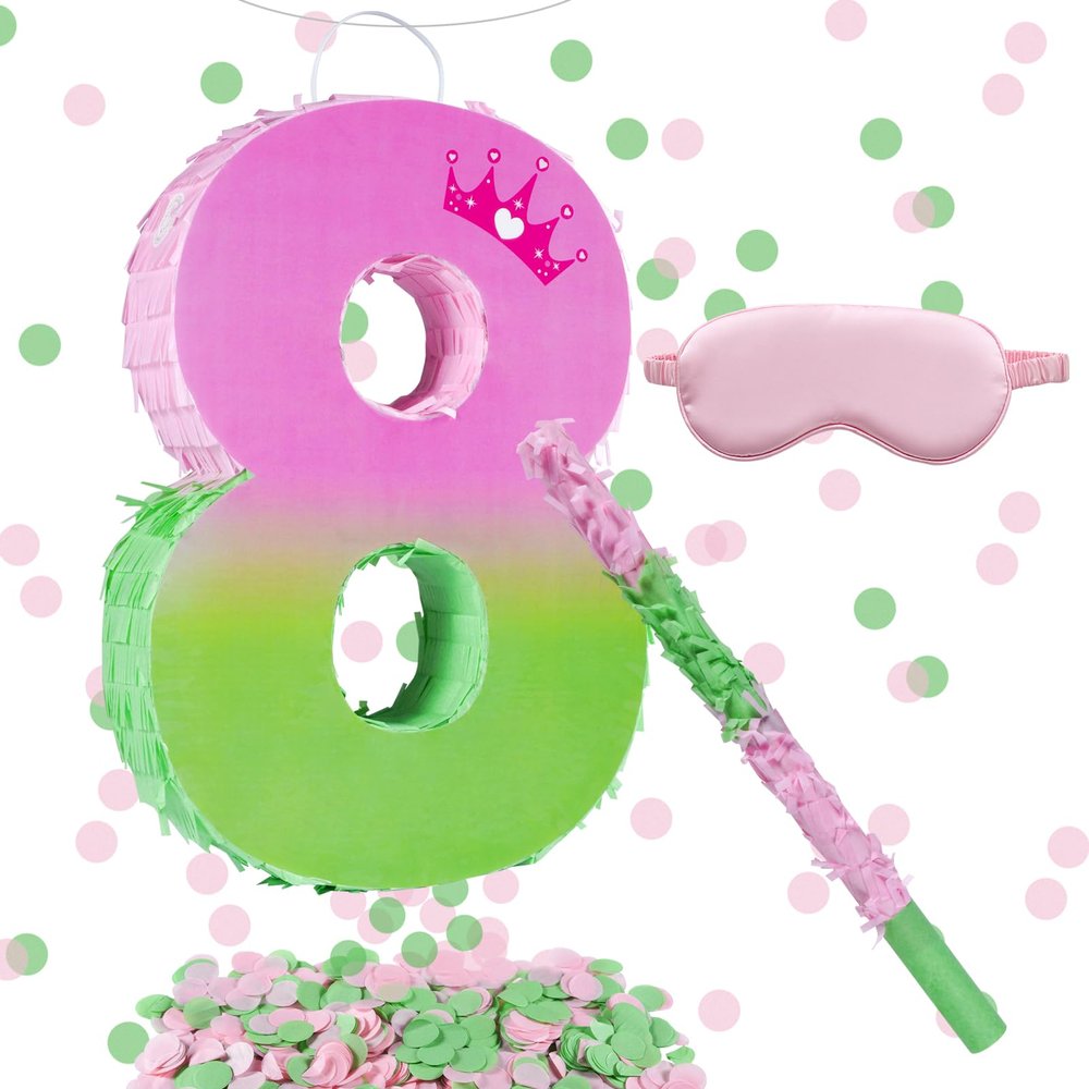 16 Inch Pink and Green Pinata Set with Number 8 Piata, Blindfold, Stick and Confetti for Boys Girls 8th Birthday Party Decorations (8-Pink and Green Piata)