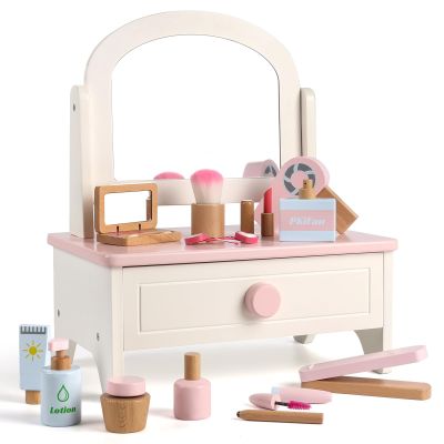 PKiFan Wooden Makeup Toy Set for Girls Ages 3-6 | Toddler Vanity Set with 14 Safe Accessories | Pretend Makeup & Beauty Salon Play | Kids Dress Up Tabletop Toy for Bedroom & Playroom