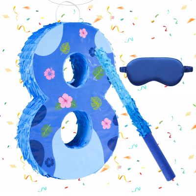 16 Inch Blue Pinata Set with Hawaii Pattern Number 8 Piata, Blindfold and Stick for Boys Girls 8th Birthday Party Decorations (8-Hawaii Pattern Piata)