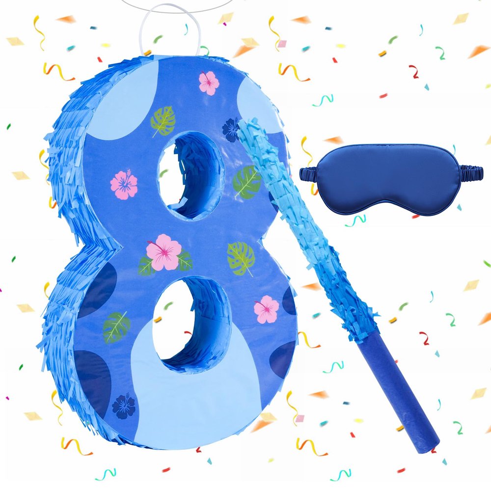 16 Inch Blue Pinata Set with Hawaii Pattern Number 8 Piata, Blindfold and Stick for Boys Girls 8th Birthday Party Decorations (8-Hawaii Pattern Piata)