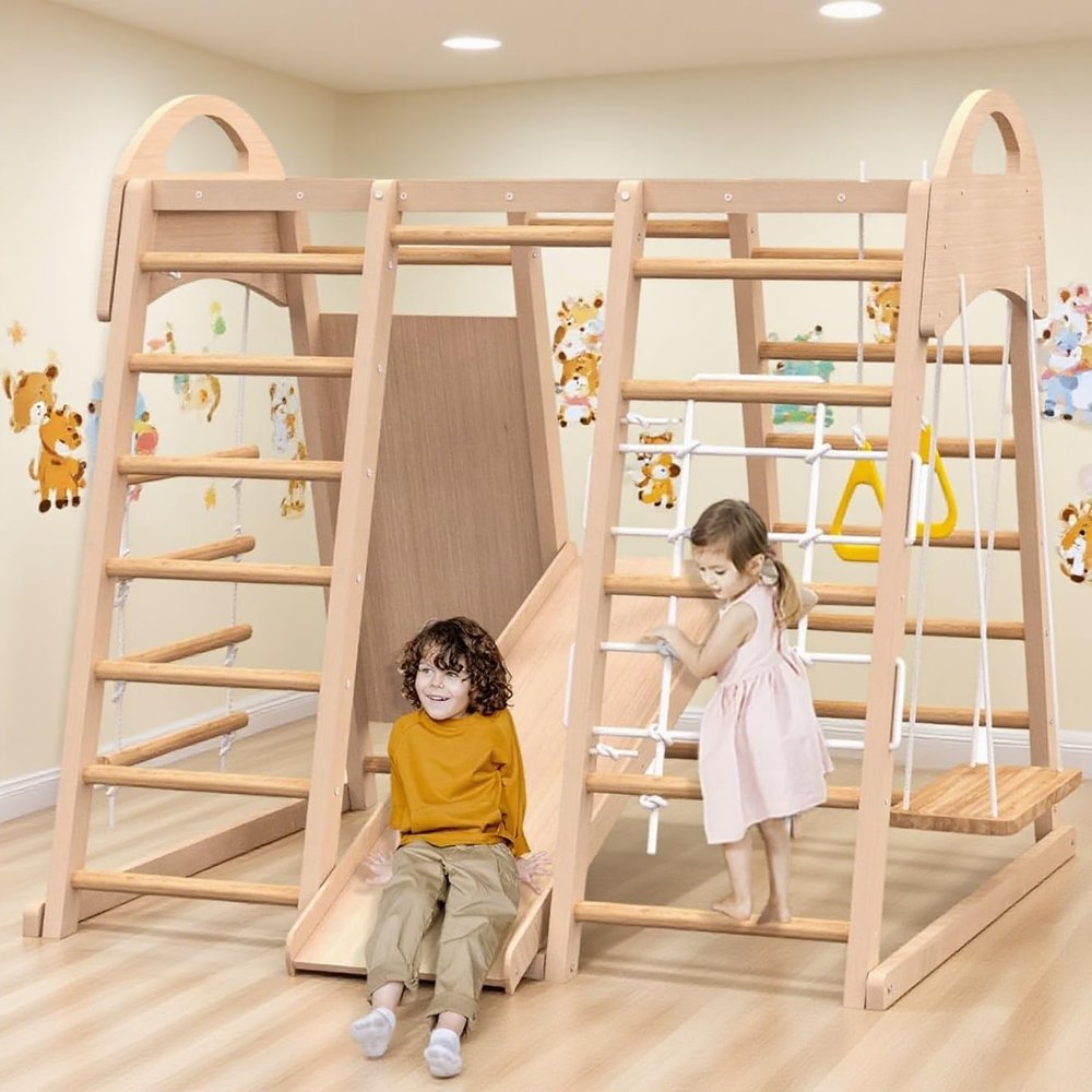 Indoor Playground, Wooden Indoor Jungle Gym for Kids, Toddler Climbing Toys with Stair Slide Swing Set Monkey Bars, Gym Equipment for Backyard, Outdoor Playset for Kids Aged 3-8 (9-in-1)