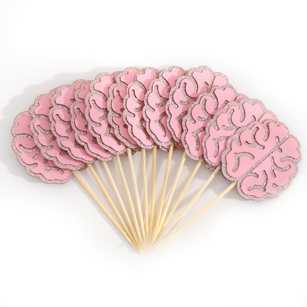 12Pcs Pink Glitter Brain Cupcake Toppers - Medical Themed Birthday Decorations,Pink Beauty Brains Party Photo Props,Cute Smart Brain Cupcake Toppers,Neurologist Graduation Party Decorations