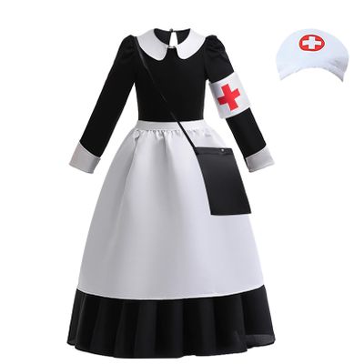 Uivic Wartime Girl Nurse Costume Includes Black Dress White Apron Nurse Hat Headband Red Cross Armband Party Dress Up (Black, 11years-12years)