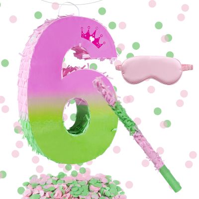 16 Inch Pink and Green Pinata Set with Number 6 Piata, Blindfold, Stick and Confetti for Boys Girls 6th Birthday Party Decorations (6-Pink and Green Piata)