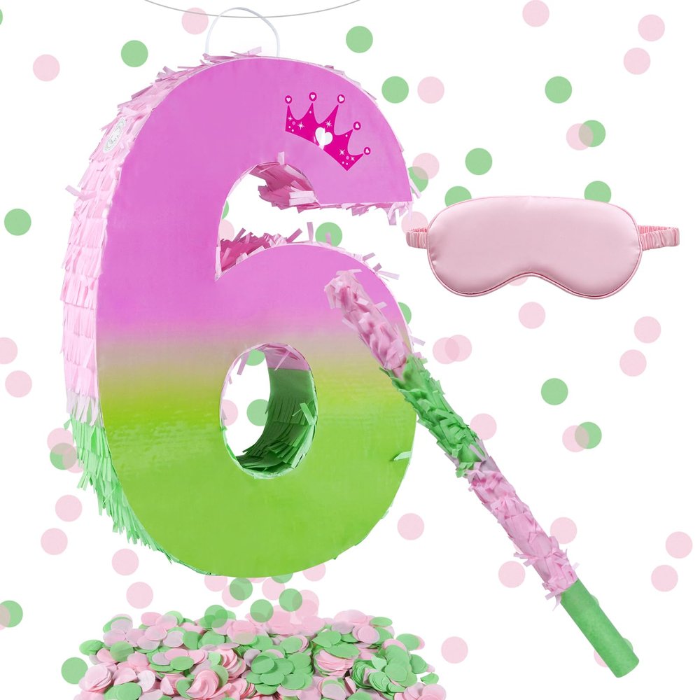 16 Inch Pink and Green Pinata Set with Number 6 Piata, Blindfold, Stick and Confetti for Boys Girls 6th Birthday Party Decorations (6-Pink and Green Piata)