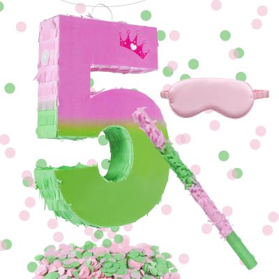 16 Inch Pink and Green Pinata Set with Number 5 Piata, Blindfold, Stick and Confetti for Boys Girls 5th Birthday Party Decorations (5-Pink and Green Piata)