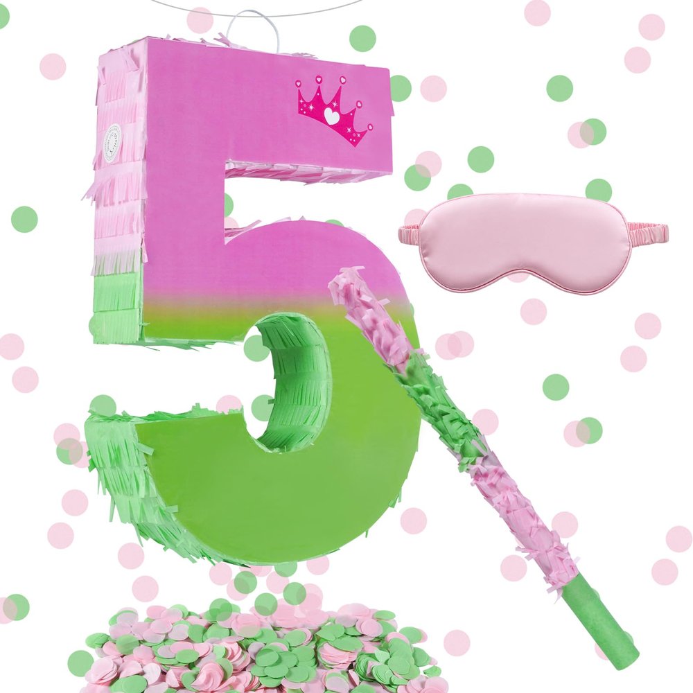 16 Inch Pink and Green Pinata Set with Number 5 Piata, Blindfold, Stick and Confetti for Boys Girls 5th Birthday Party Decorations (5-Pink and Green Piata)