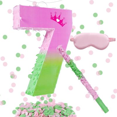 16 Inch Pink and Green Pinata Set with Number 7 Piata, Blindfold, Stick and Confetti for Boys Girls 7th Birthday Party Decorations (7-Pink and Green Piata)