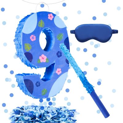 16 Inch Blue Pinata Set with Hawaii Pattern Number 9 Piata, Blindfold, Stick and Confetti for Boys Girls 9th Birthday Party Decorations (9-Hawaii Pattern Piata)