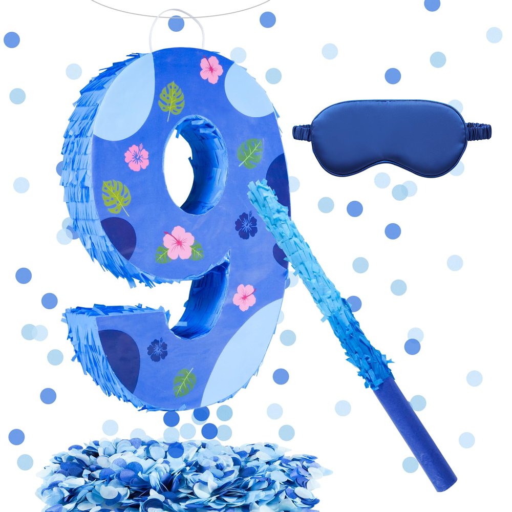 16 Inch Blue Pinata Set with Hawaii Pattern Number 9 Piata, Blindfold, Stick and Confetti for Boys Girls 9th Birthday Party Decorations (9-Hawaii Pattern Piata)