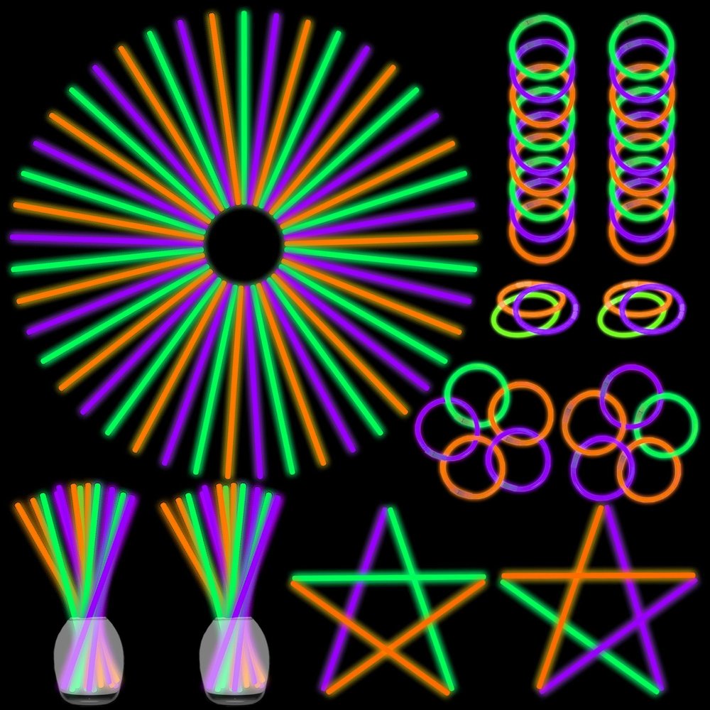 150 Pcs 8'' Green Purple Orange Glow Sticks Glow Necklaces In The Dark Party Favors Supplies Bright GlowSticks Bulk with Accessories for Birthday Halloween Christmas Party (Green, Purple, Orange)