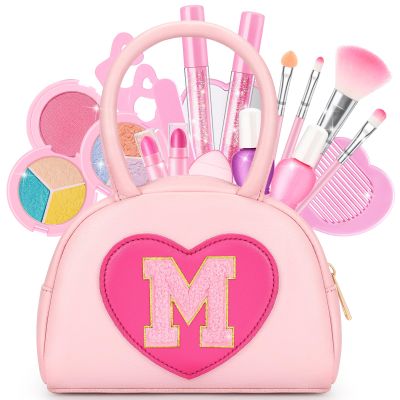 Kids Washable Makeup Kits for Little Girls - 18 Pcs Toddler Non Toxic Real Make Up Set with Lipstick - Valentines Day Gifts for 3 4 5 6 7 8 9 10 Years Old Pink Initial Heart Purse Birthday Toys - M