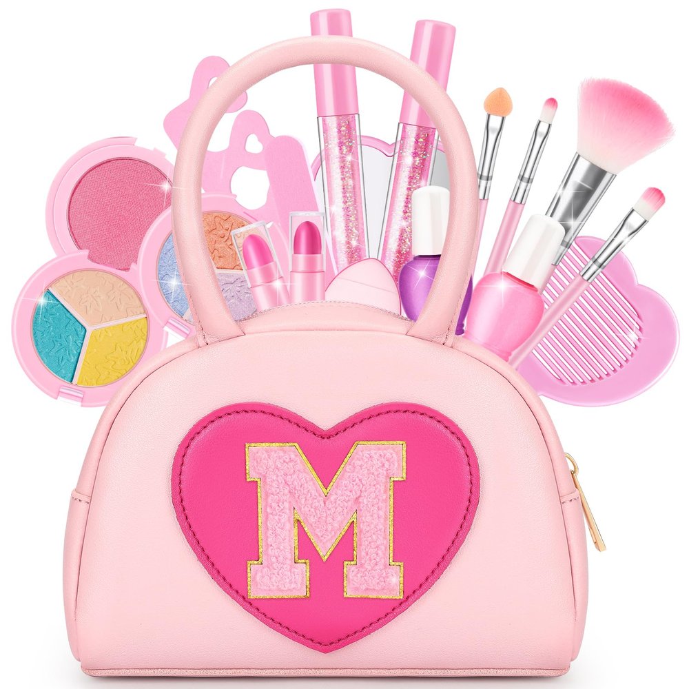 Kids Washable Makeup Kits for Little Girls - 18 Pcs Toddler Non Toxic Real Make Up Set with Lipstick - Valentines Day Gifts for 3 4 5 6 7 8 9 10 Years Old Pink Initial Heart Purse Birthday Toys - M