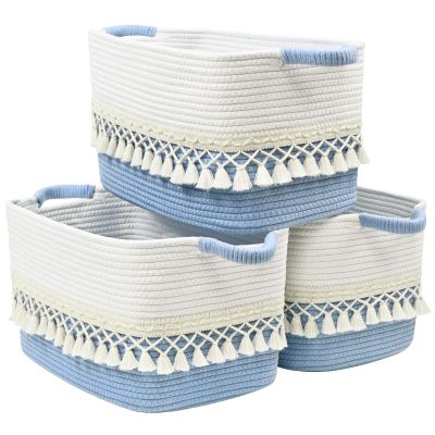 3 Pack Storage Basket for Shelves, Boho Cotton Rope Storage Bins with Heavy Tassel, Shelf Baskets Large Woven Baskets for Organizing, Cube Organizer Bins, Baby Laundry Basket for Clothes, Toys, Pets