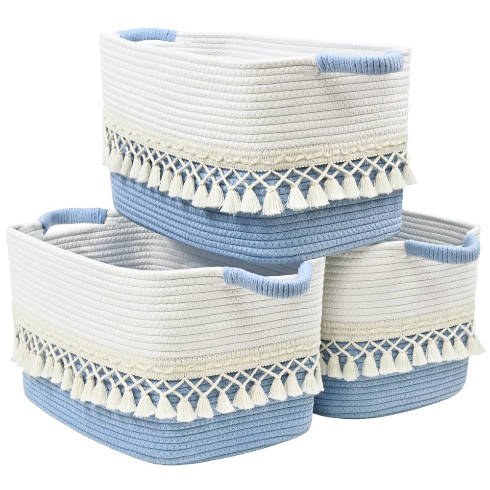 3 Pack Storage Basket for Shelves, Boho Cotton Rope Storage Bins with Heavy Tassel, Shelf Baskets Large Woven Baskets for Organizing, Cube Organizer Bins, Baby Laundry Basket for Clothes, Toys, Pets