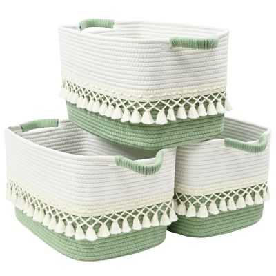 3 Pack Storage Basket for Shelves, Boho Cotton Rope Storage Bins with Heavy Tassel, Shelf Baskets Large Woven Baskets for Organizing, Cube Organizer Bins, Baby Laundry Basket for Clothes, Toys, Pets