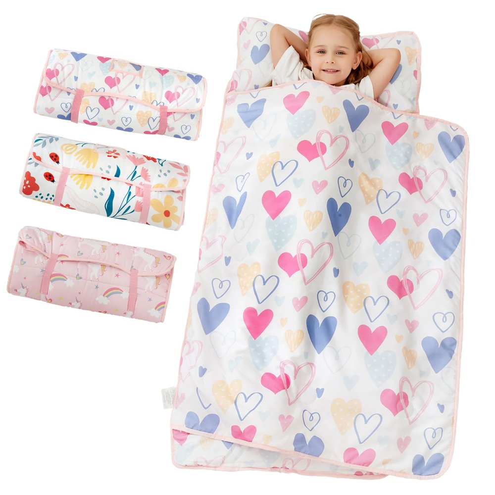 Toddler Nap Mat, Kids Sleeping Bag with Pillow & Minky Blanket, Girls Extra Large Rolled Nap Mats for Preschool Daycare Camping Kindergarten