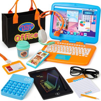 Cleboen Pretend Play Home Office Set for Kids  Toy Laptop Computer, LCD Writing Tablet, Pop Fidget Calculator, Phone, Headset, Glasses, Coffee Cup & Handbag, Birthday Gifts for Boys Girls Age 3-5-7