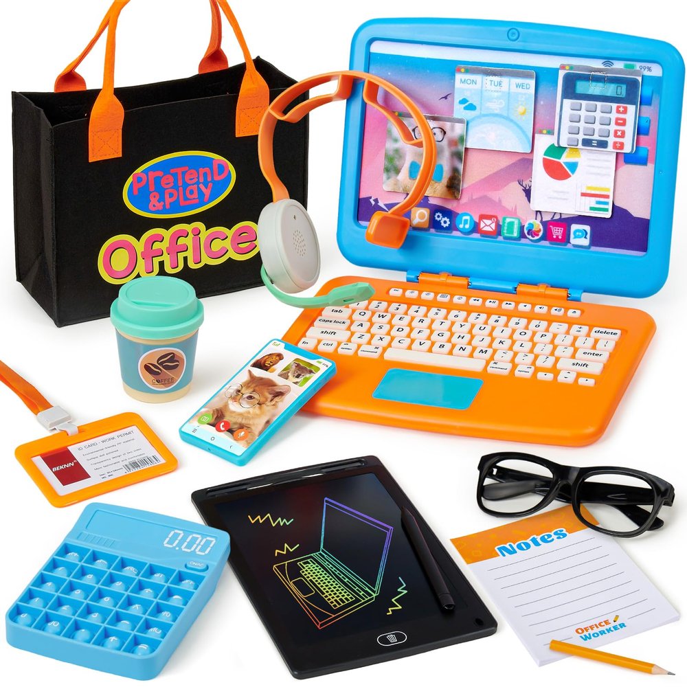 Cleboen Pretend Play Home Office Set for Kids Toy Laptop Computer, LCD Writing Tablet, Pop Fidget Calculator, Phone, Headset, Glasses, Coffee Cup & Handbag, Birthday Gifts for Boys Girls Age 3-5-7