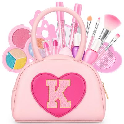 Kids Washable Makeup Kits for Little Girls - 18 Pcs Toddler Non Toxic Real Make Up Set with Lipstick - Valentines Day Gifts for 3 4 5 6 7 8 9 10 Years Old Pink Initial Heart Purse Birthday Toys - K