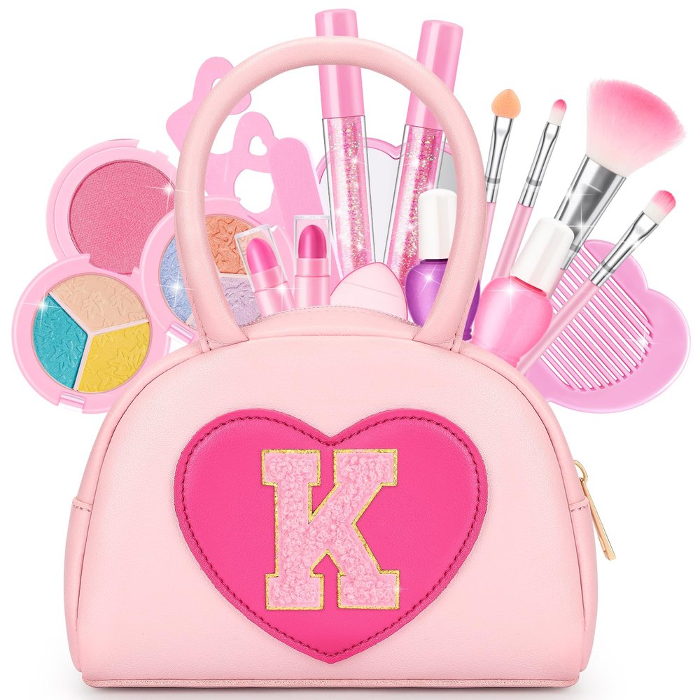 Kids Washable Makeup Kits for Little Girls - 18 Pcs Toddler Non Toxic Real Make Up Set with Lipstick - Valentines Day Gifts for 3 4 5 6 7 8 9 10 Years Old Pink Initial Heart Purse Birthday Toys - K