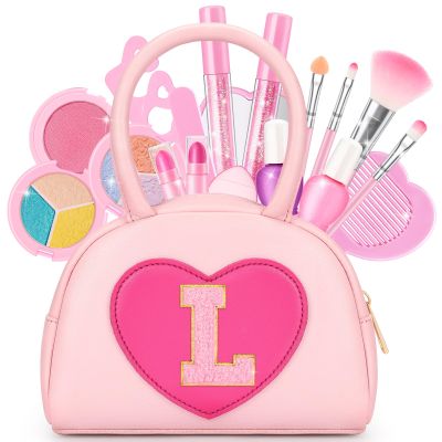 Kids Washable Makeup Kits for Little Girls - 18 Pcs Toddler Non Toxic Real Make Up Set with Lipstick - Valentines Day Gifts for 3 4 5 6 7 8 9 10 Years Old Pink Initial Heart Purse Birthday Toys - L