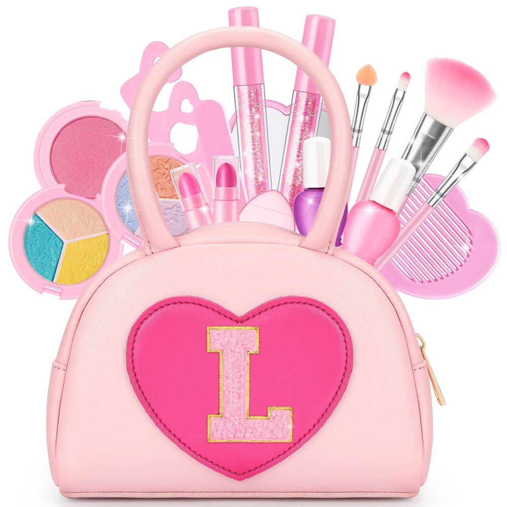 Kids Washable Makeup Kits for Little Girls - 18 Pcs Toddler Non Toxic Real Make Up Set with Lipstick - Valentines Day Gifts for 3 4 5 6 7 8 9 10 Years Old Pink Initial Heart Purse Birthday Toys - L